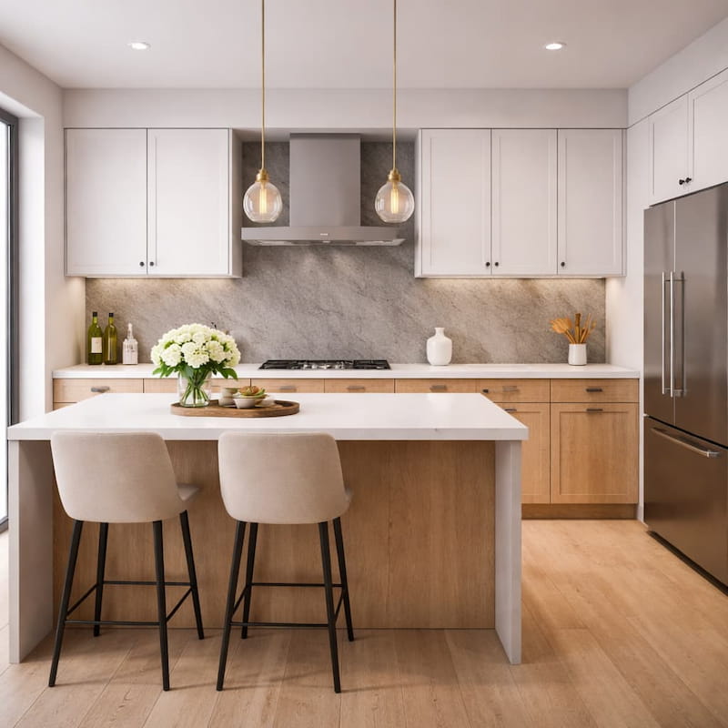 Ambiente dining con grande parete effetto marmo chiaro con venature blu e oro